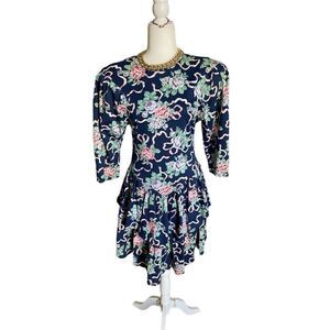 Vintage Britland 80s navy blue rose ribbon ruffled dress puffy quarter sleeves